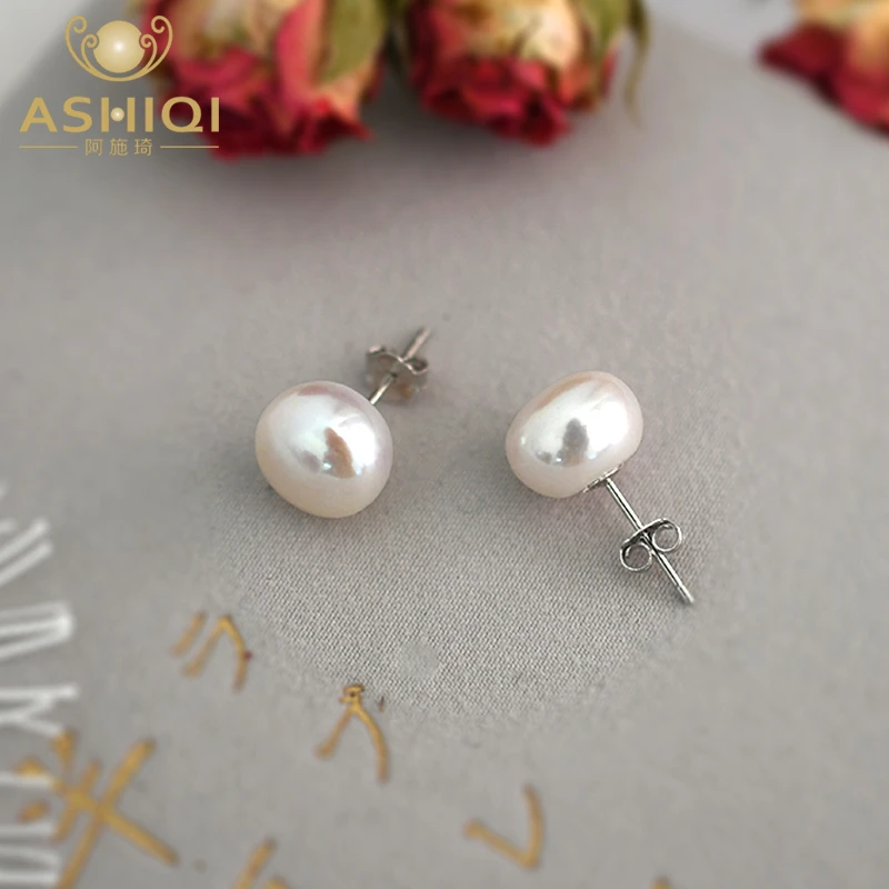 ASHIQI Real Natural Freshwater Pearl Stud earrings 925 Sterling silver small earrings fashion jewelry for women gifts