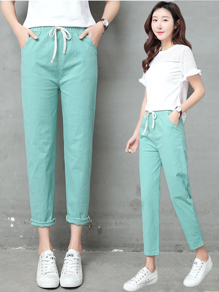 Women pants Casual Solid Spring Summer Cotton Linen Lady Ankle -length Capris Trousers Pencil Pants S-XXL