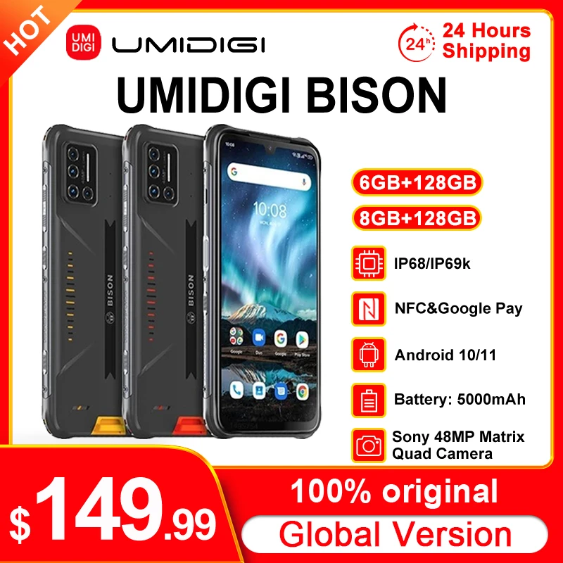 UMIDIGI BISON Smartphone 6/8GB+128GB NFC IP68/IP69K Waterproof Rugged Phone 48MP Quad Camera 6.3