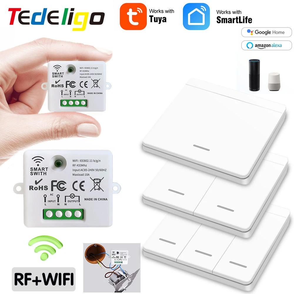 Mini Module WIFI Tuya Smart Light Switch Wall Panel Push Button Switch 433MHZ Wireless Electrical Home Remote Control 220V 10A