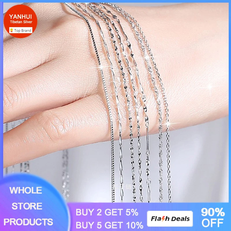 YANHUI With Certificate 100% Real 925 Sterling Silver Slim Round Snake Chain Box Chain Choker Necklaces Women Girls Jewelry Gift