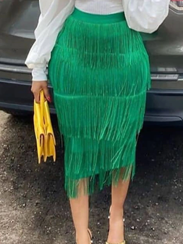 Green Fringe Bodycon Pencil Skirts Tassel High Waist Women Stretch Sheath Midi Length Ladies Slim Jupe Saias faldas Big Size