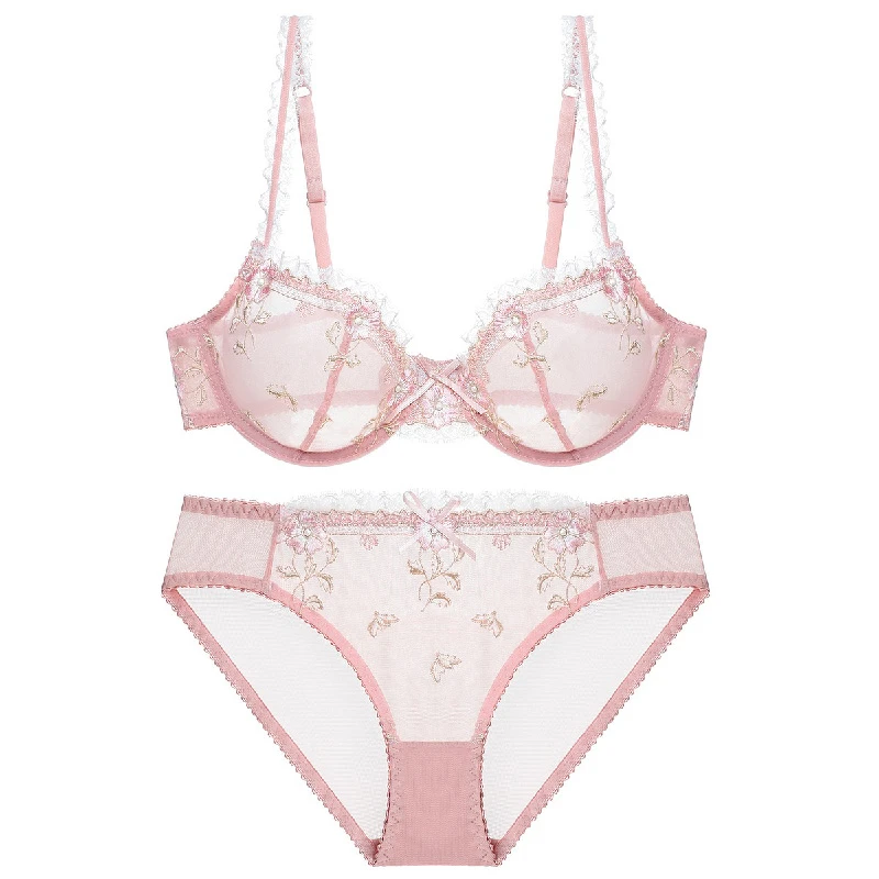 Free Shipping! Exquisite embroidery lotus pink ultra-thin women's sexy transparent lace underwear bra set
