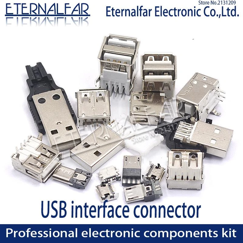 USB 2.0 Interface Female Male Square Mouth MICRO Connector Socket Type A B Patch Straight Bend Straight Needle Welding Wire DIY
