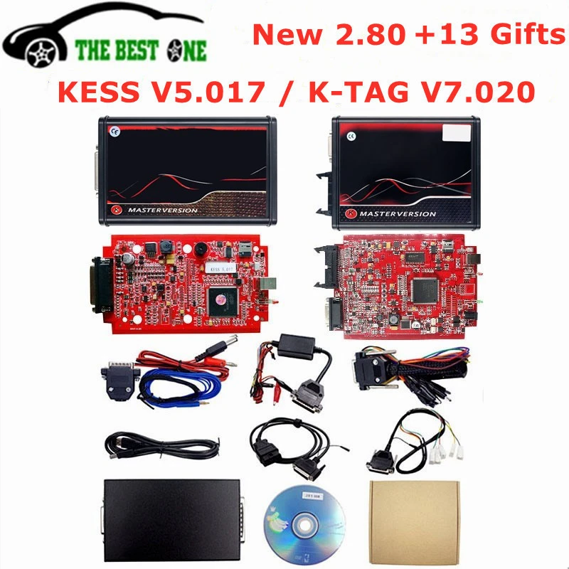 Online 2.80 EU Red Kess V5.017 OBD2 Manager Tuning Kit KTAG V7.020 4 LED BDM Frame 22pcs Adapters K-TAG 2.25 ECU Programmer