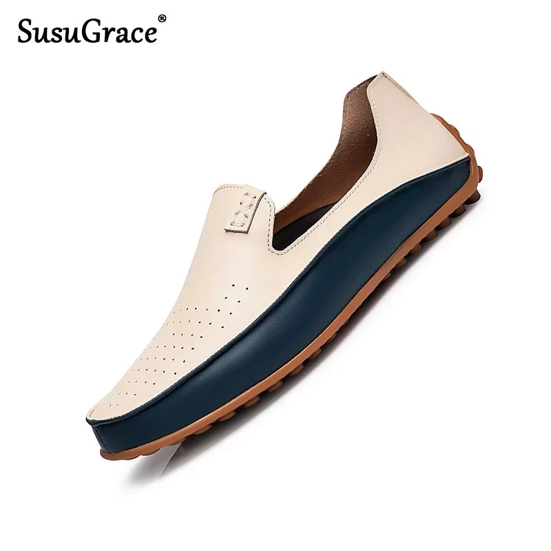 Susugrace Men Leather Casual Loafers Summer Flats Slip-on Breathable Moccasins Hombres Autumn Soft Drive Shoes Outdoor Size 47