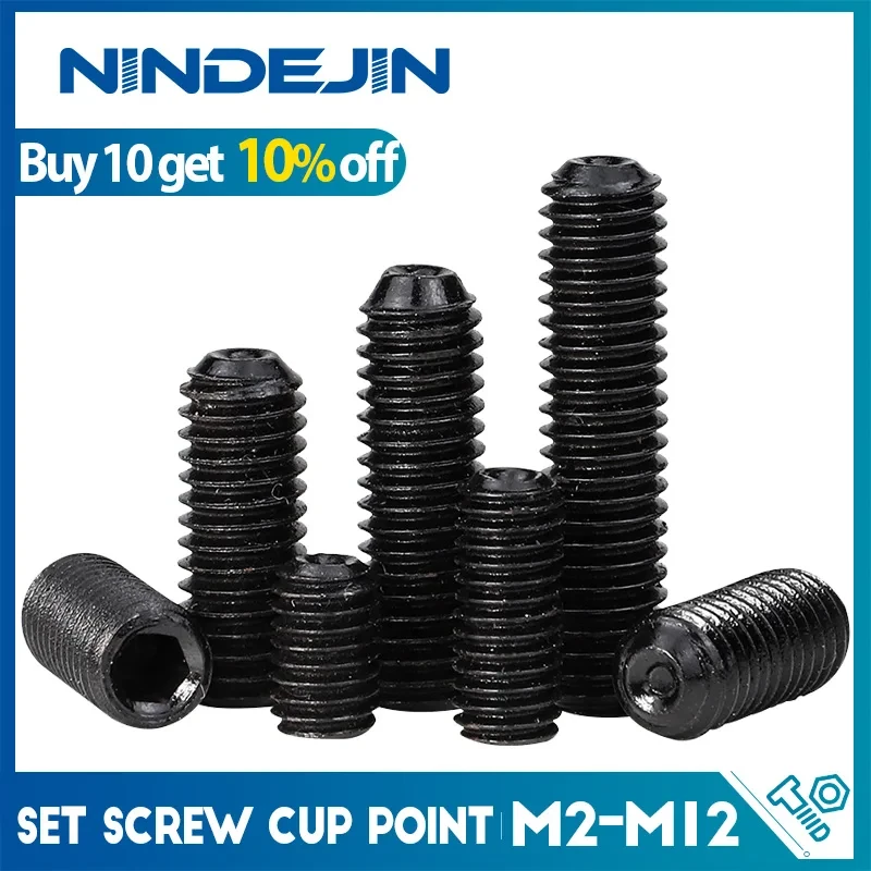 NINDEJIN Hex Hexagon Socket Set Screw Cup Point Grub Screw M2 M3 M4 M5 M6 M8 M10 M12 12.9 Carbon Steel Headless Screw Hex Key
