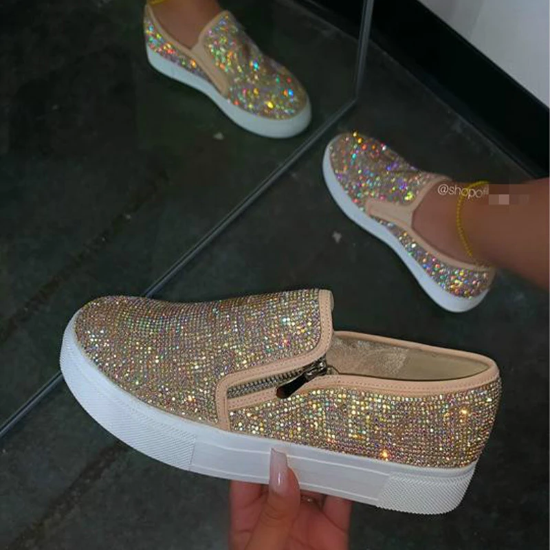 2021 Women Flat Loafers Woman Shinning Crystal Rhinestone Female Autumn Big Size Flat Platform Women's Design Slip On Shoes