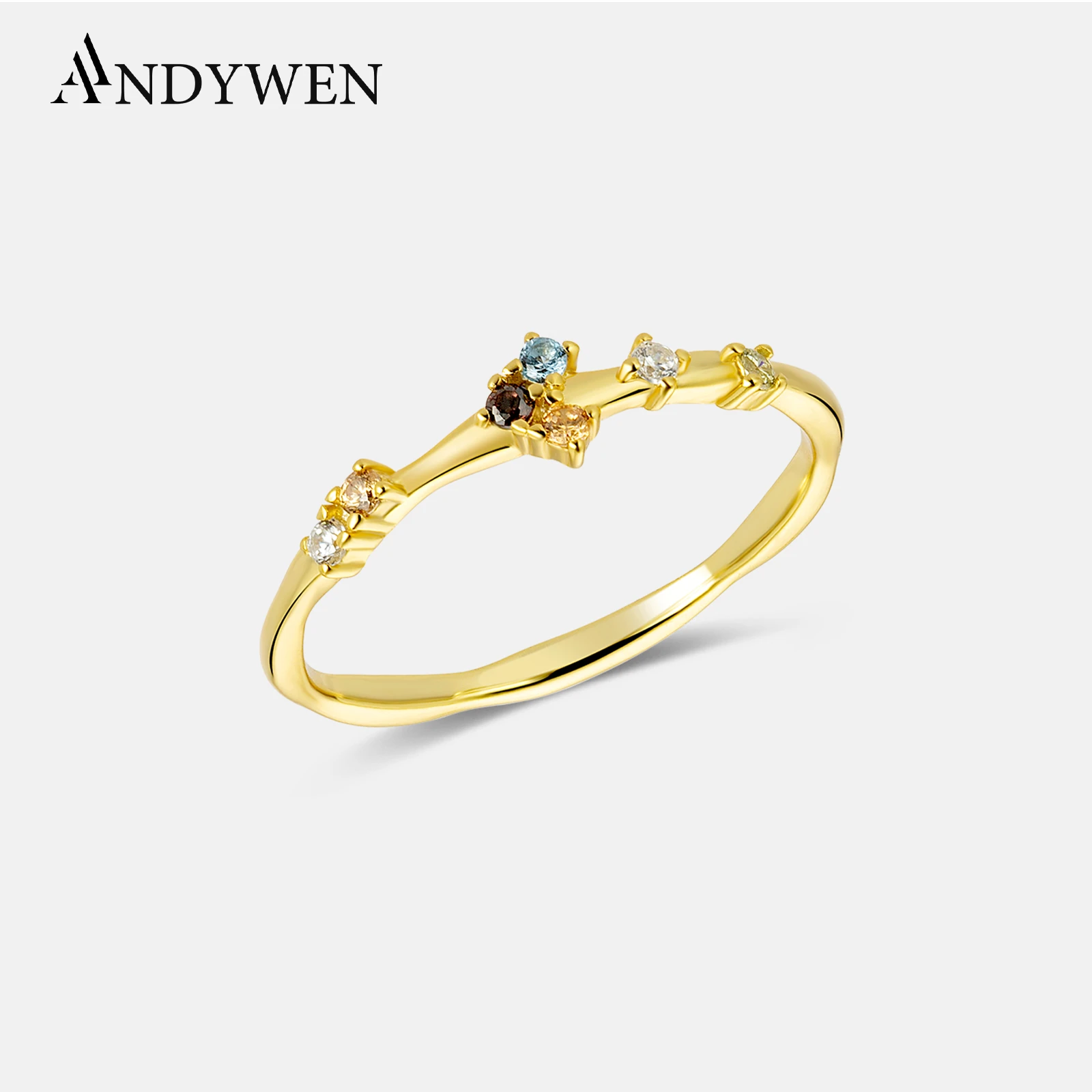 ANDYWEN 925 Sterling Silver Gold Five Gold Ring Full Zircon CZ Lady Bird Ring Women Wedding Jewelry Rock Punk Round Jewelry