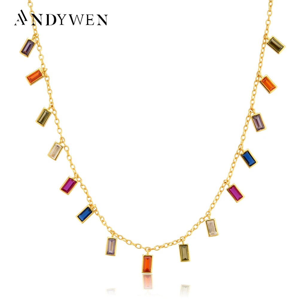 ANDYWEN 925 Sterling Silver Colorful Zircon Charms Rainbow Chain Choker Long Neckalce Fashion Women European Party Fine Jewelry