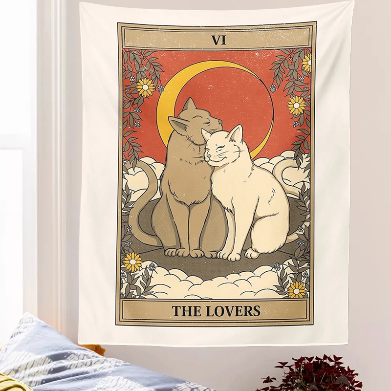 Tarot Card Tapestry Boho Tapestry Wall Hanging Cat Mysterious Divination Witchcraft Beach Moon Phase Aesthetic Room Decor Mural