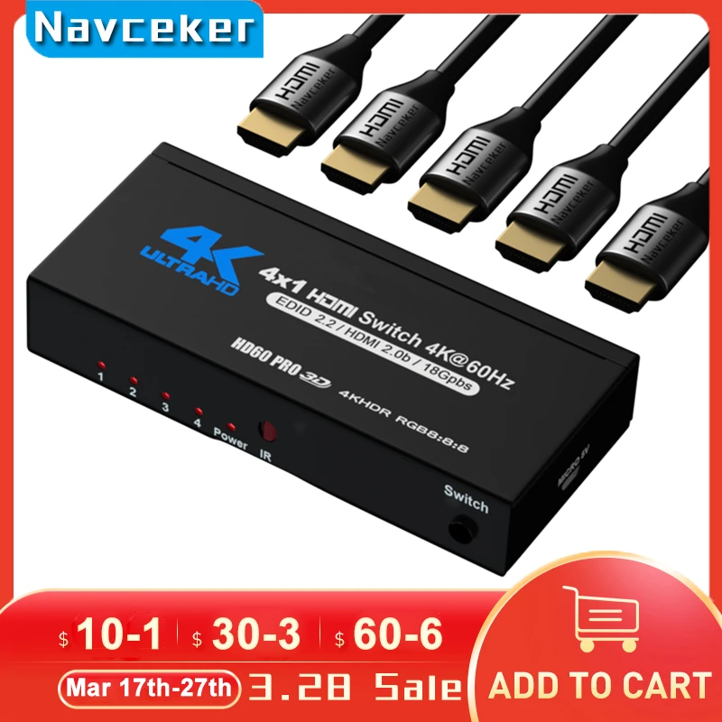 2021 Best 4K HDMI Switch 2.0 Support RGB 4:4:4 HDR HDMI Switch 4K 60Hz HDMI 2.0 Switch Remote IR UHD 4 Port HDMI Switch Switcher
