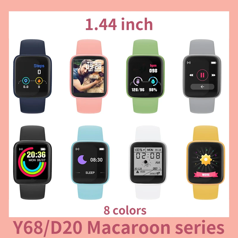 20PCS Updated D20/y68 Smartwatch Macaron Colors Sport Smart Watch Put Photo Sleep Fitness Tracker Message Reminder 1.44 inch