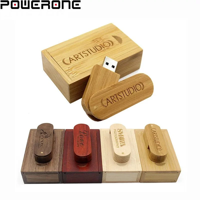 POWERONE (free custom logo) Wooden USB Flash Drive pendrive 4GB 16GB 32GB 64GB Rotation usb + box memory Stick photography