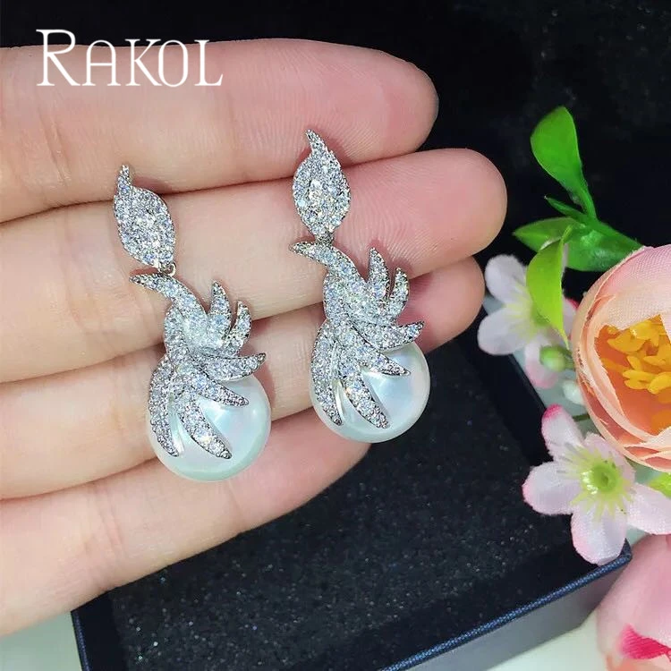 RAKOL Vintage CZ Crystal Imitation Pearls Heart Flower Bridal Wedding Drop Earrings For Women Rose Gold Color Gift Jewelry RE355