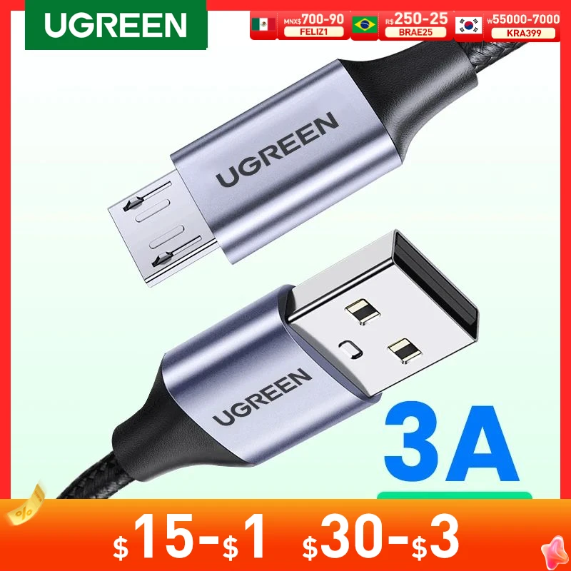 Ugreen Micro USB Cable 3A Nylon Fast Charging USB Type C Cable for Samsung Xiaomi HTC USB Charger Data Cable Mobile Phone Cable
