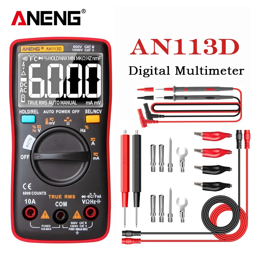 ANENG AN113D Digital Multimeter 6000 Counts Electrical Meter Transistor Tester Auto Rang AC/DC Voltage Process Calibrator