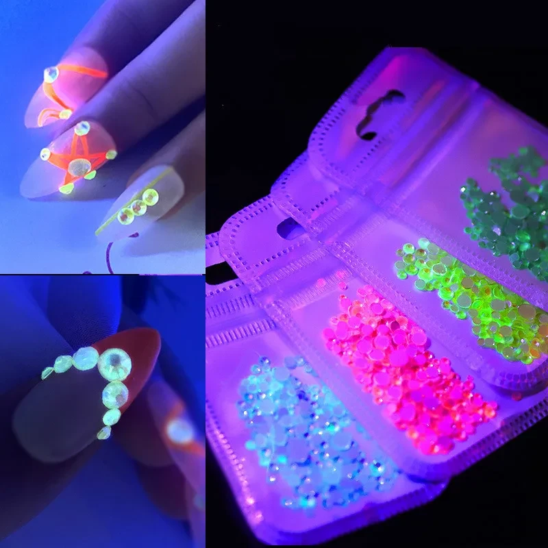 1 Pack Luminous Crystal Mixed Size SS6-SS20 Nail Art Rhinestone Decorations 3D Glitter Diamond Jewelry Glow In The Dark 8 Colors