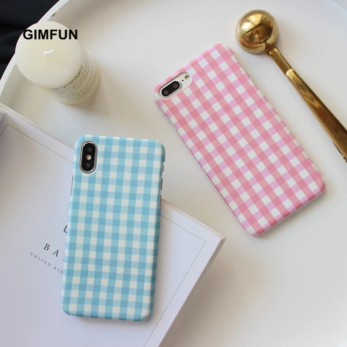 Gimfun Simple Pink Blue Grid Pattern Phone Case for IPhone 12 Pro XS MAX Xr 7 8 SE Plaid Scrub Hard Case for Iphone 11 Pro Max