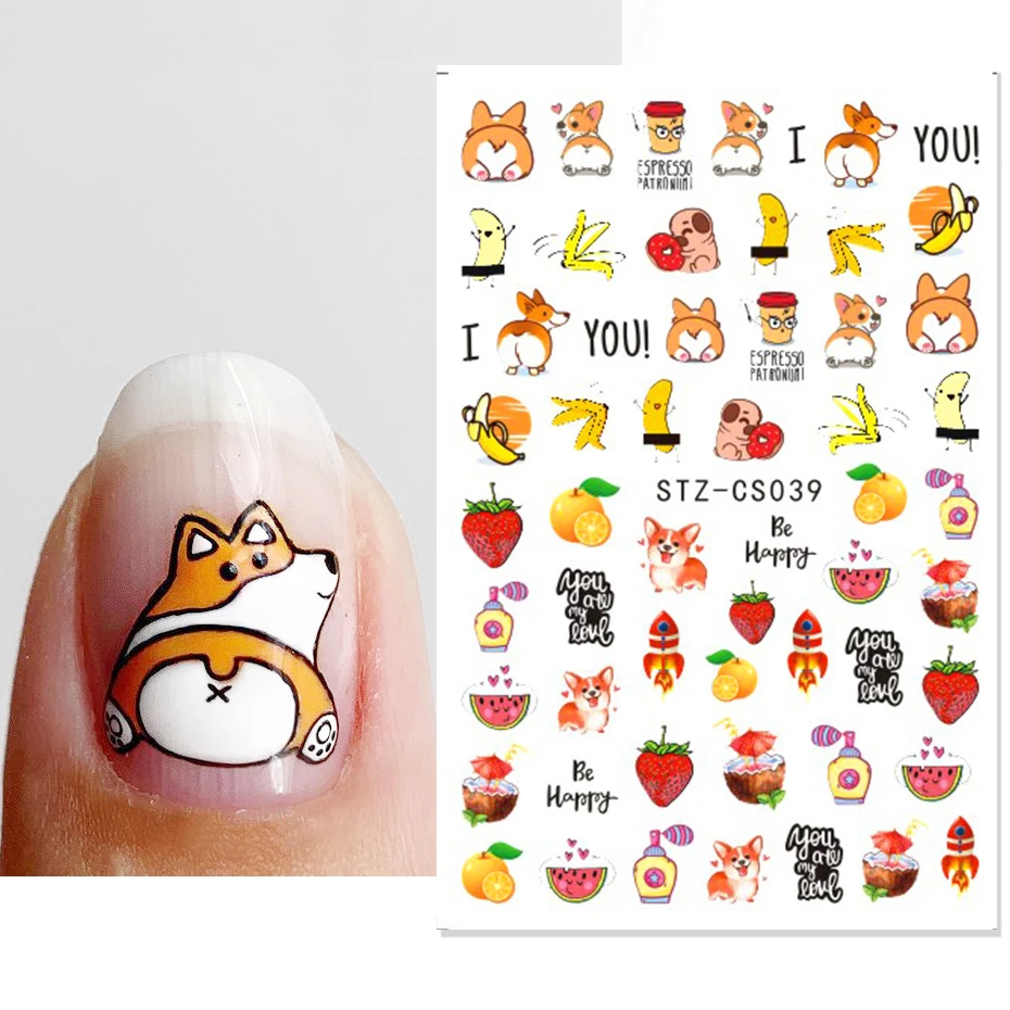 1pcs Cute Nail Stickers Cartoon Animal Lovely Foil Nails Slider Pug Fruit Fall Butterfly Decal Manicure Tattoo LASTZCS034-049