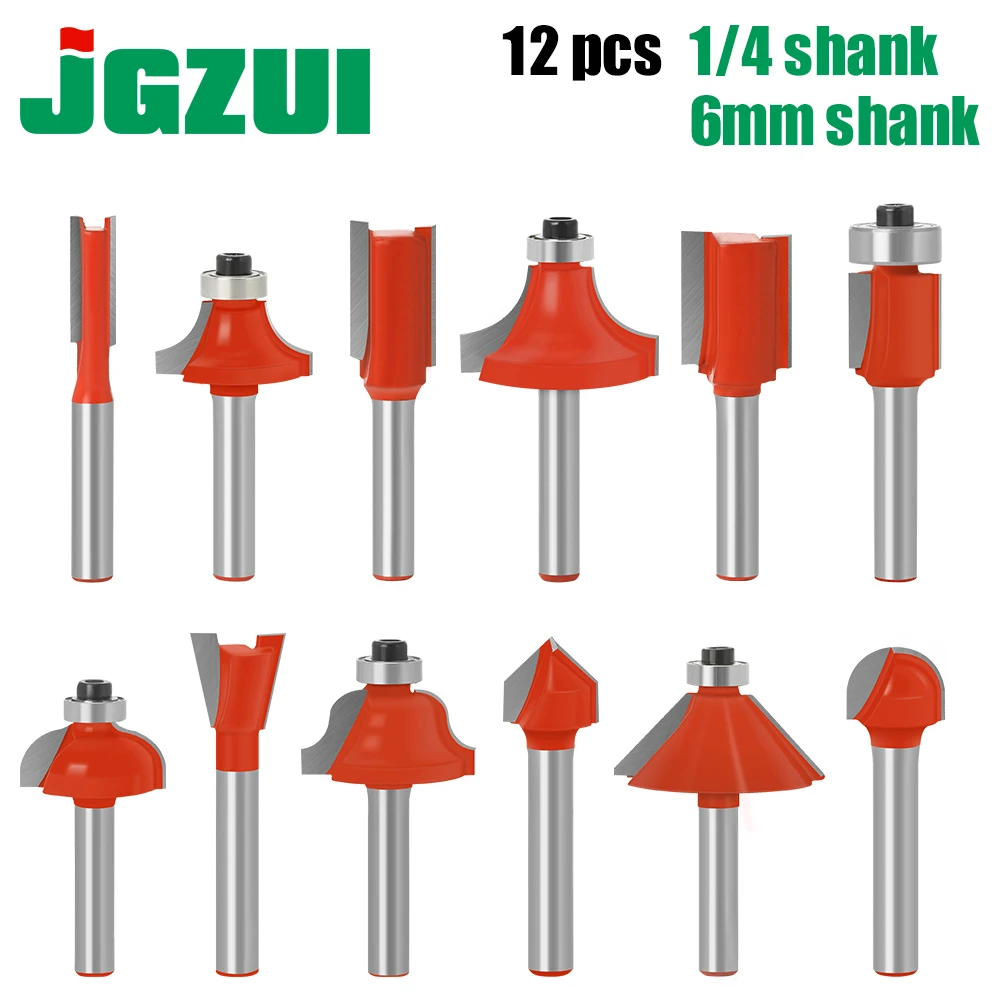 12pcs 1/4in 6mm Shank Milling Cutter Router Bit Set Wood Cutter Carbide Shank Mill Woodworking Engraving Cutting Tools