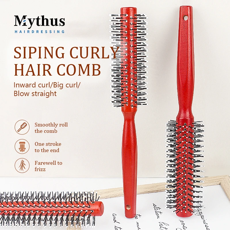 Mythus Wood Round Hair Curly Comb With Ball Tip Anti Static Natural Styling Hair Brush Barber Tool Wood Round Comb