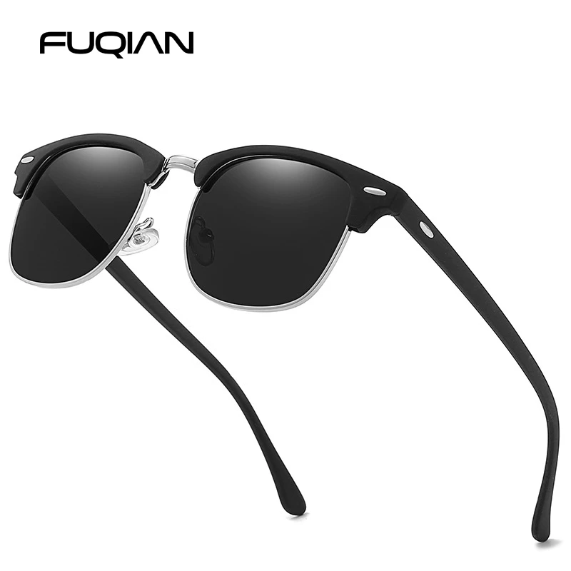 FUQIAN Classic Sunglasses Polarized Men Retro Square Rivet Sunglasses Women Male Driving Glasses UV400