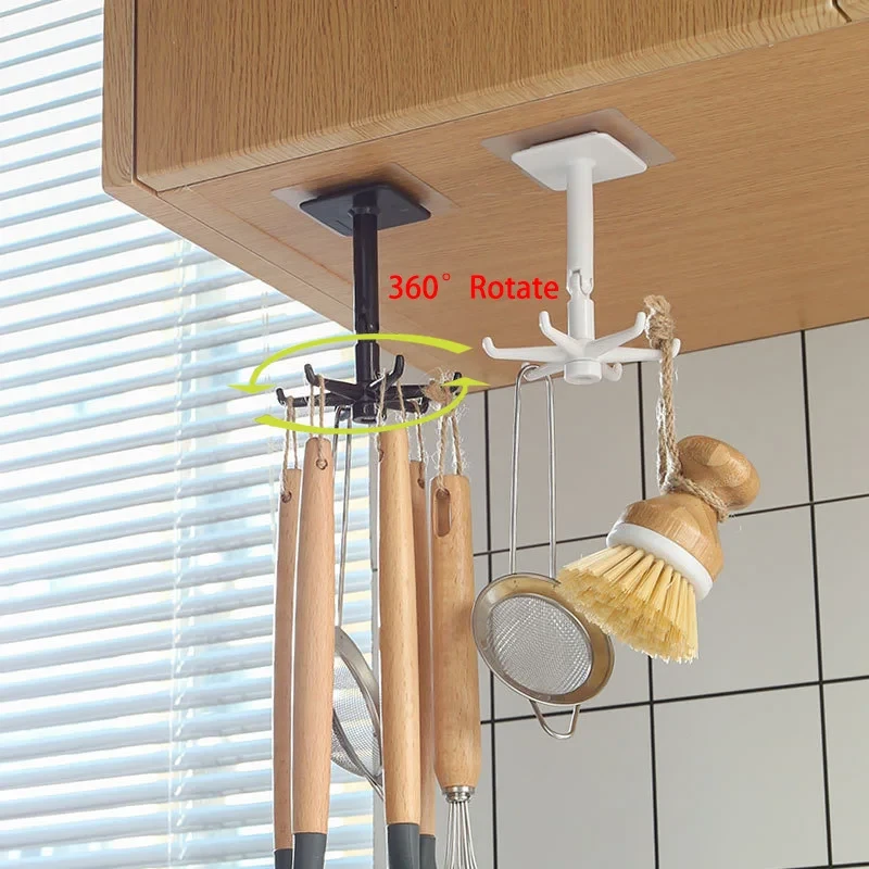 Kitchen Adhesive Rotate Storage Rack Cupboard Shelf Hanging Hook Organizer Closet Clothes Shelf Hanger Wardrobe Hook up Holder