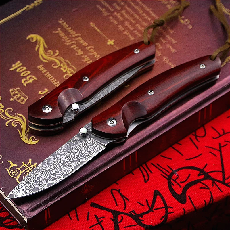 PEGASI  Red sandalwood Damascus steel folding knife sharp pocket folding knife the Damascus knife outdoor folding tactical knife