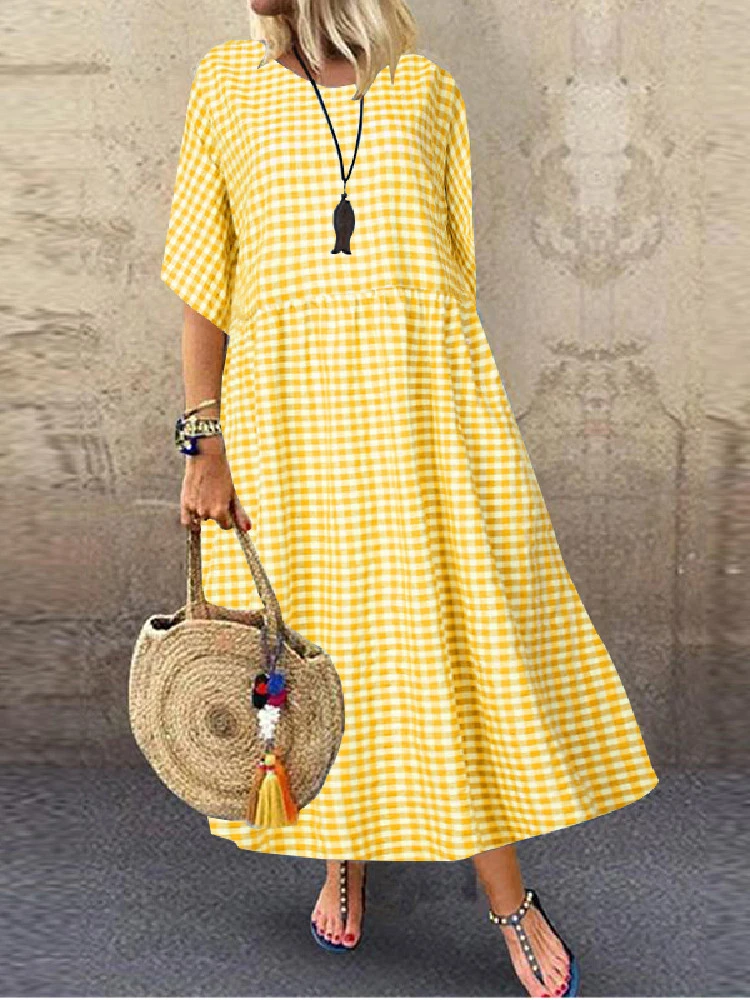 2021 Bohemian Women Dress ZANZEA Vintage Plaid Check Casual Cotton Linen Vestidos Long Maxi Dresses Beach Party Summer Sundress