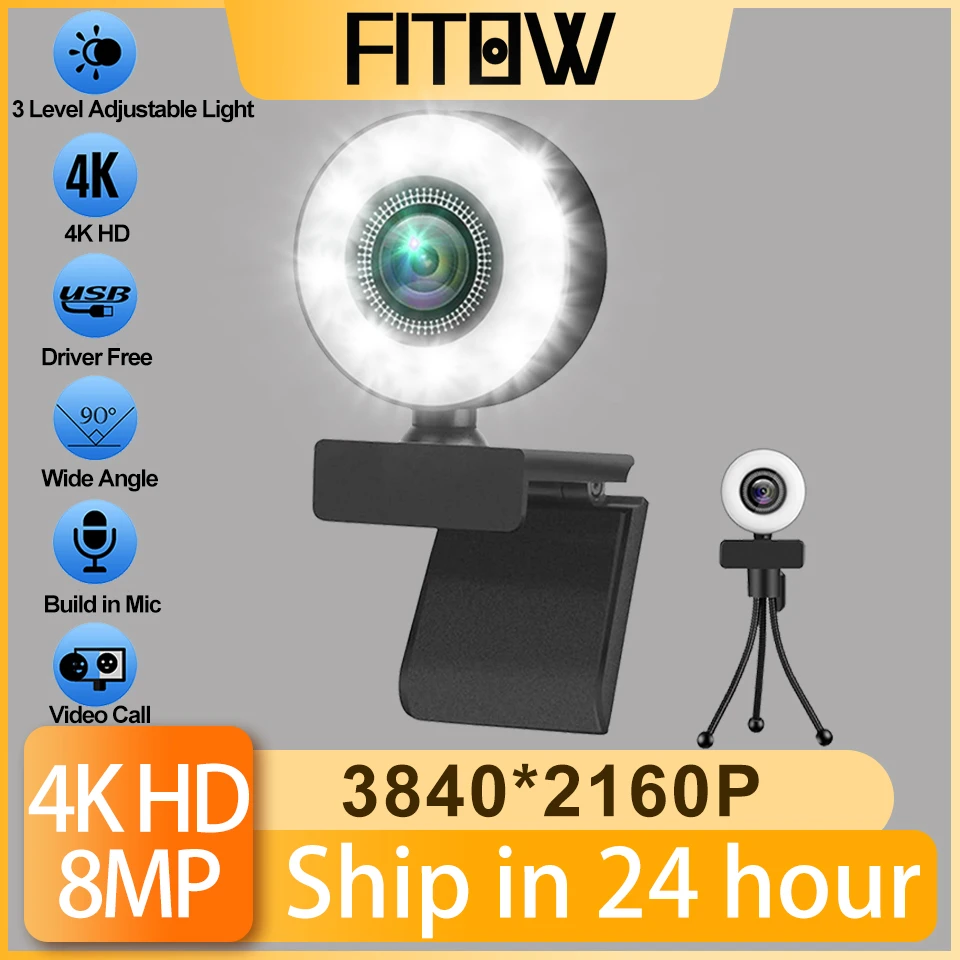 Taida 1080P 2K 4K HD Webcam with Ring Fill Light Laptop PC Computer Live Broadcast Camera Video Web Camera Microphone Web Cam