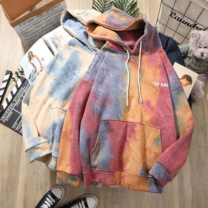 Oversized Tie Dye Women Hoodies Plus Velvet Female Hooded Casual Sweatshirt Tops Harajuku Female Pullovers Korean Style Clothes