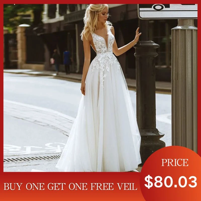 Eightale Boho Wedding Dresses V-Neck Appliques Lace A-Line Tulle Wedding Gown Beach Simple Bridal Dress bestidos de novia 2020