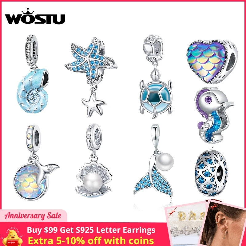 WOSTU 925 Sterling Silver Charm Sea Elves Series Bead Animal Turtle Starfish Pendant Fit Original Bracelet Necklace DIY Jewelry