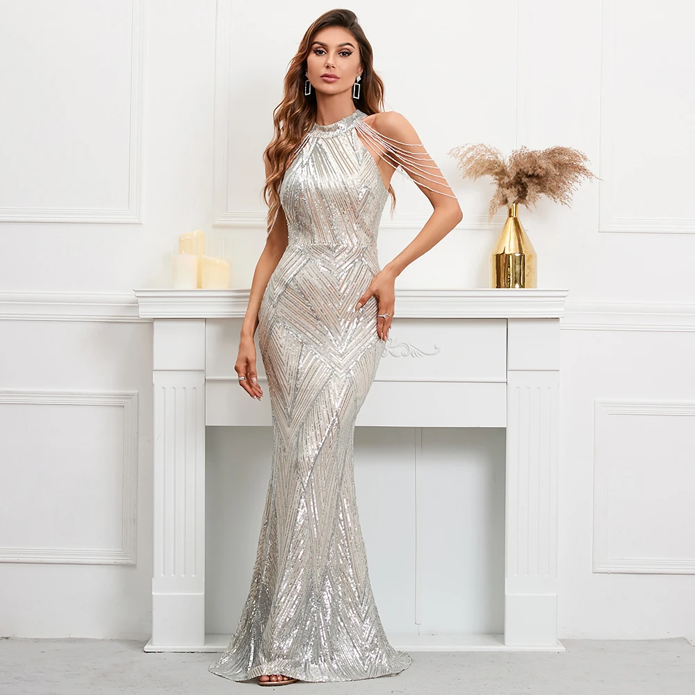 YIDINGZS Elegant Off Shoulder Sequin Evening Dress 2021 New White Bodycon Maxi Dress For Women Party 18126
