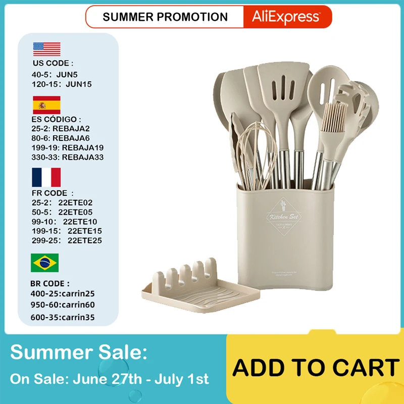 Silicone Kitchen Cookware Kitchenware Non-stick Cake BBQ Cooking Tool Spatula Ladle Egg Beaters Shovel Spoon Soup Utensils Set