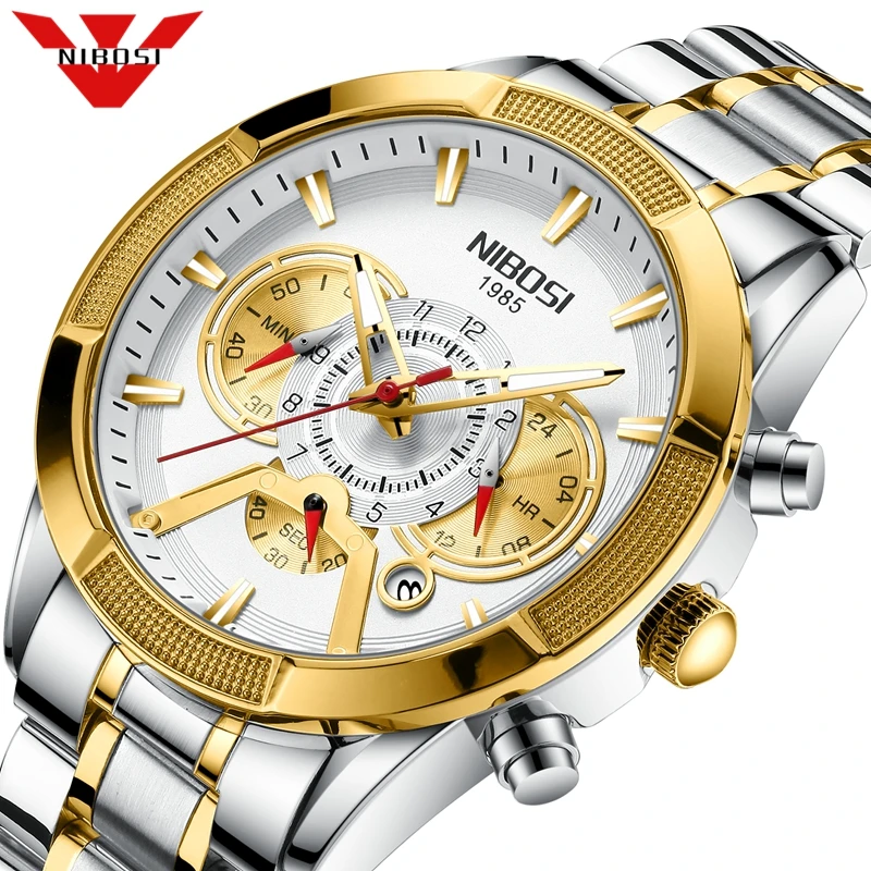NIBOSI Men Watch Chronograph Sport Mens Watches Top Brand Luxury Waterproof Full Steel Quartz Gold Clock Men Relogio Masculino