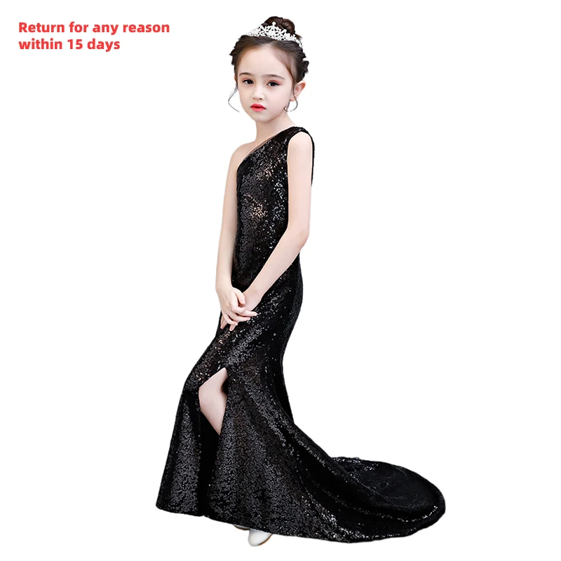 Black Sequin Mermaid Dress Age 3-14 Yrs Teen Sheath Dress One-shoulder  Vintage Noble Graduation Gowns Evening Party Kids Frocks