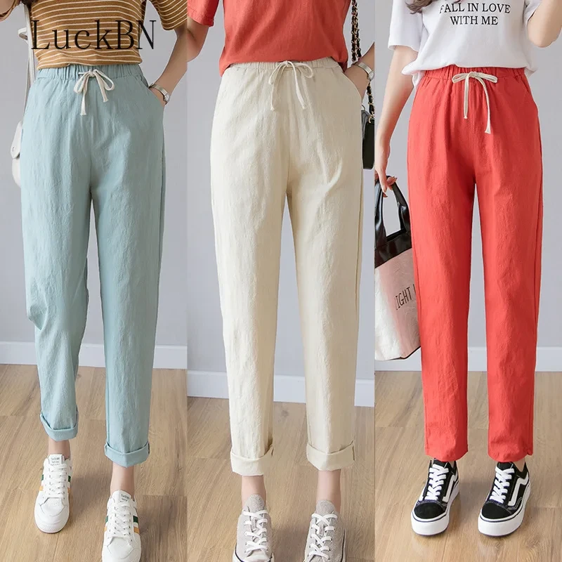 Women Casual Harajuku Long Ankle Length Trousers 2021 Summer Autumn Large Solid Elastic Waist Cotton Linen Pants Black Pants
