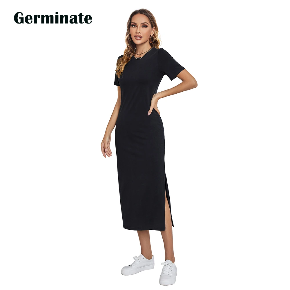 Long Sleeve Maxi T Shirt Dress Women Autumn Winter Sexy Party Bodycon Vintage Casual Slit Knitted Cotton White Black Sundress