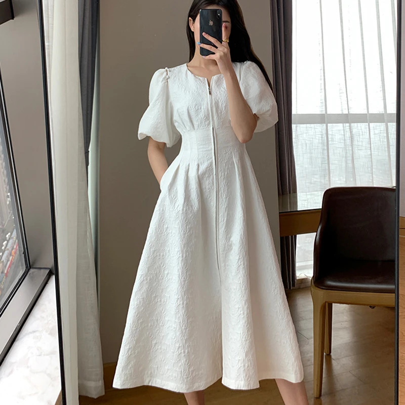 Vintage French Holiday White Dress Short Puff Sleeves Zipper Front A Line Slim Dress Vestidos Elegant Party Dress Summer 2021