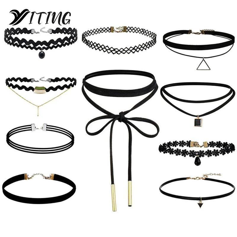 10 Pcs/pack Choker Necklace Black Lace Leather Velvet Strip Woman Collar Party Jewelry Neck Accessories Chokers