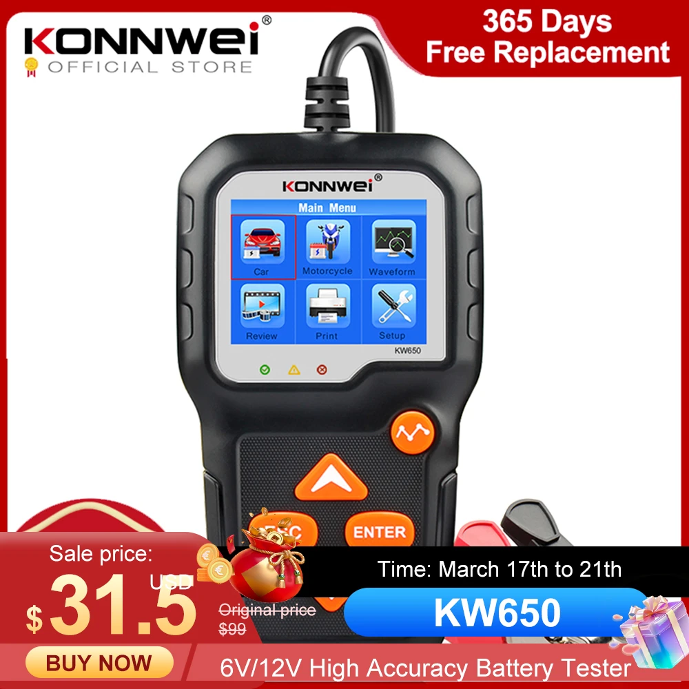 KONNWEI KW650 Car Motorcycle Battery Tester 12V 6V  Battery System Analyzer 2000CCA Charging Cranking Test Tools for the Car