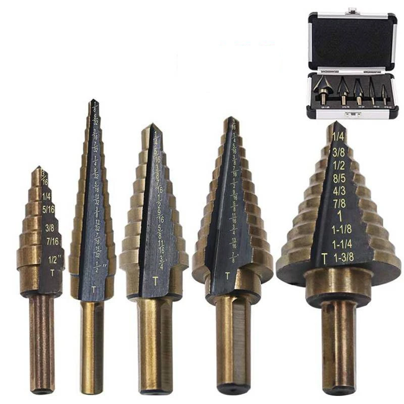ROSSONIX 5 Pieces Aluminum Box Set Imperial Step Drill Bit High Speed Steel 4241 Titanium Coated Metal Hole Cutter Power Tools