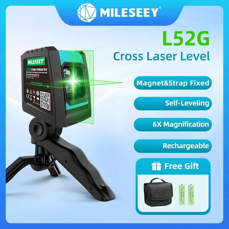 Mileseey L52R Laser Level 2 Lines Red/Green Rechargeable Laser Leveling Device Self-Leveling Vertical Cross Leveling with Tripod