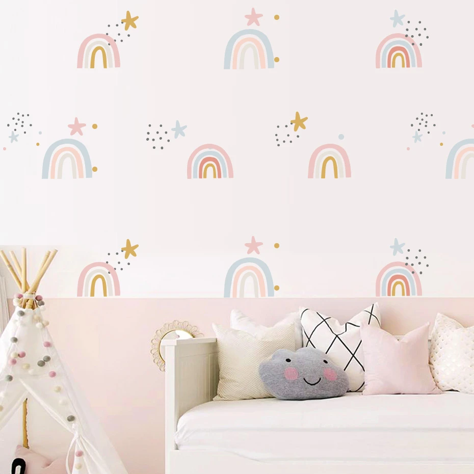 Bohemia Pink Rainbow Stars Wall Stickers Removable Nursery Wall Decals Art Posters Print Gift Girls Bedroom Home Decoration