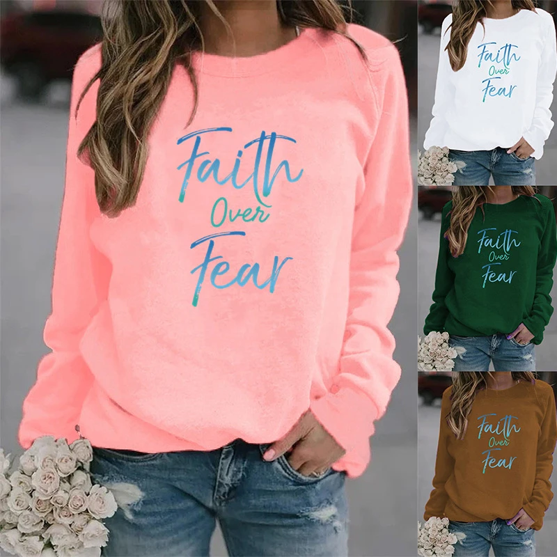 Women Hoodie Faith Over Fear Letter Printed Hoodies Women Fleece Long Sleeve O Neck Loose Sweatshirt Girls Pullovers Winter