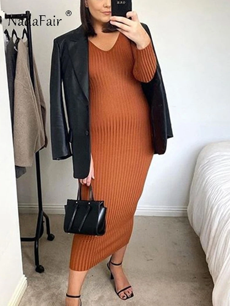Nadafair V Neck Basic Sweater Dress Women Autumn Winter Long Sleeve Casual Knitted Stretchy Midi Bodycon White Woman Dress