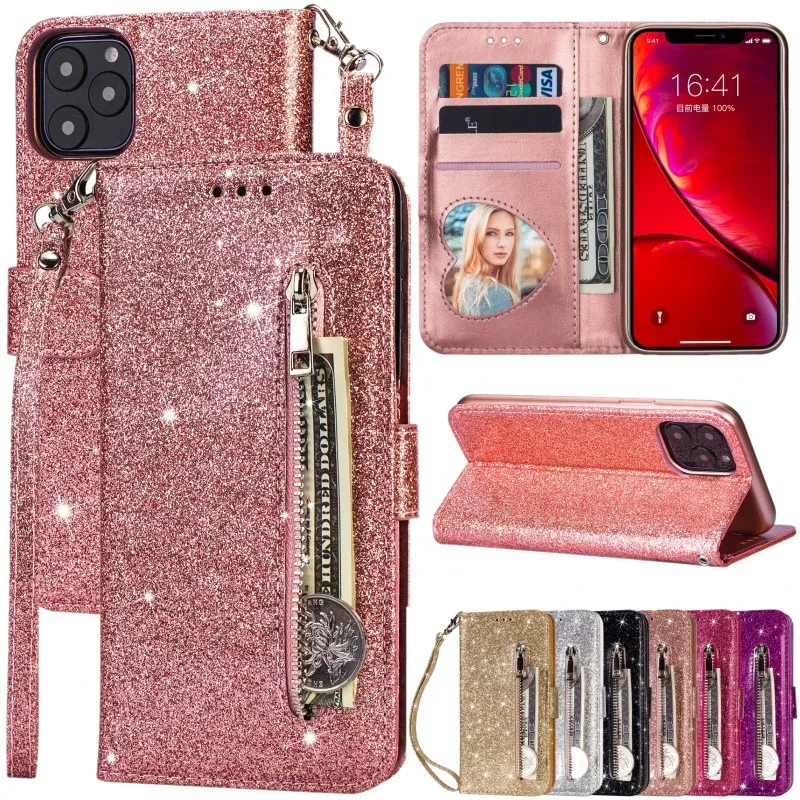 For iPhone 13 12 11 Pro X XR XS Max SE2020 Case Glitter PU Leather Holder Stand Cover For iPhone 8 7 6 6S Plus 5 5S Wallet Case