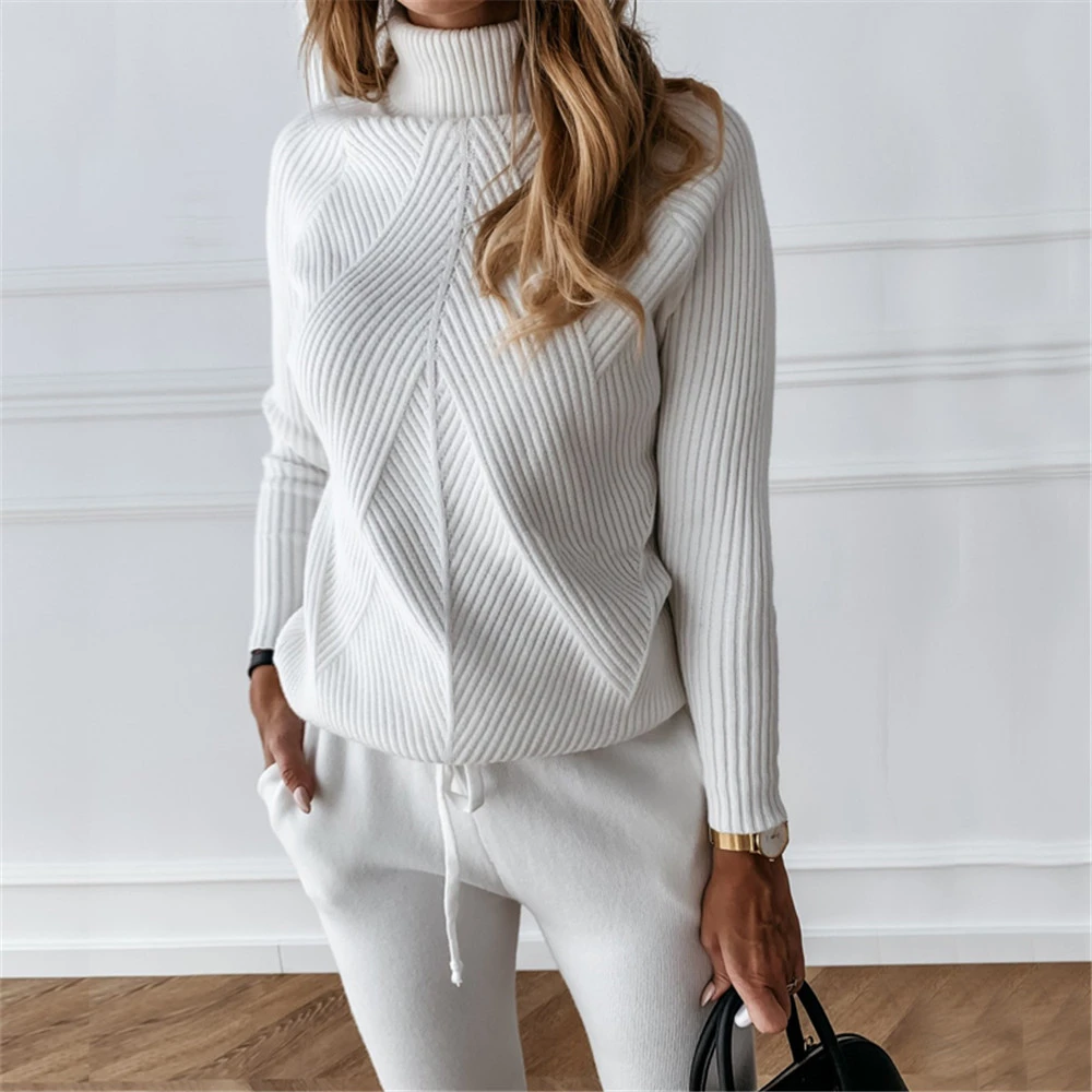 TYHRU Autumn Winter Women's tracksuit Solid Color Striped Turtleneck Sweater and Elastic Trousers Suits Knitted Two Piece Set